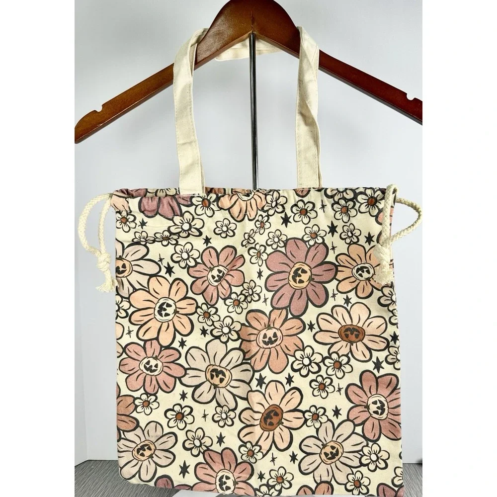 Pumpkins Flowers Halloween Candy Trick-or-Treat Canvas Tote Whimsical Fun Festiv